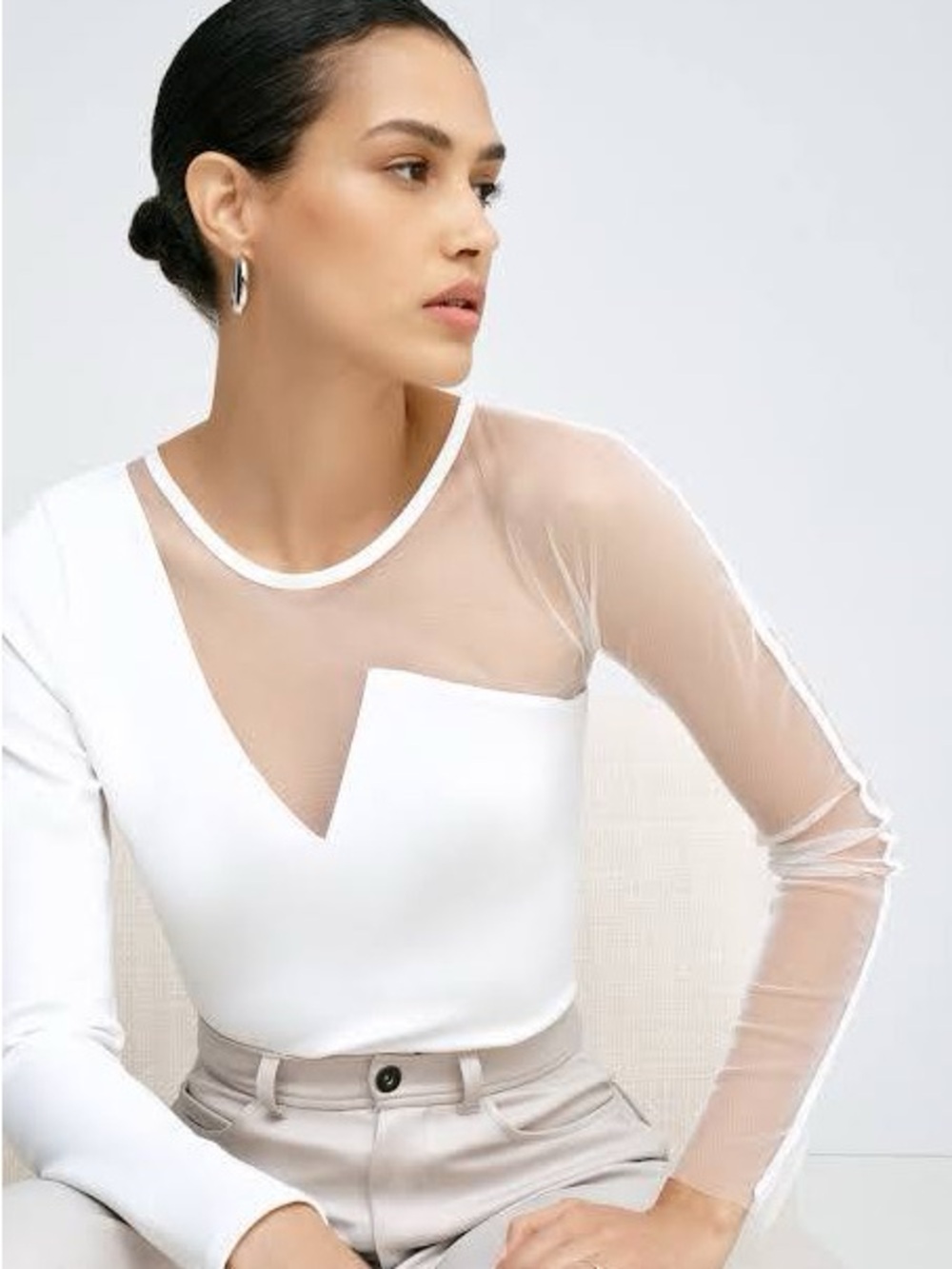 Marcella NYC White Mesh Yoke Long Sleeve Top